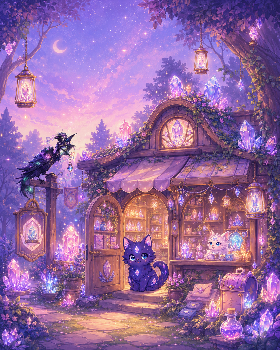 The Quartz Critters shop window glowing softly through dawn fog