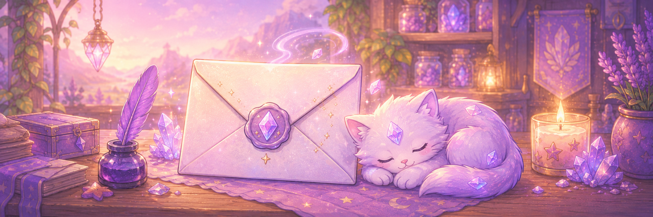 An old desk with a wax-sealed envelope, candle, and a small familiar dozing nearby